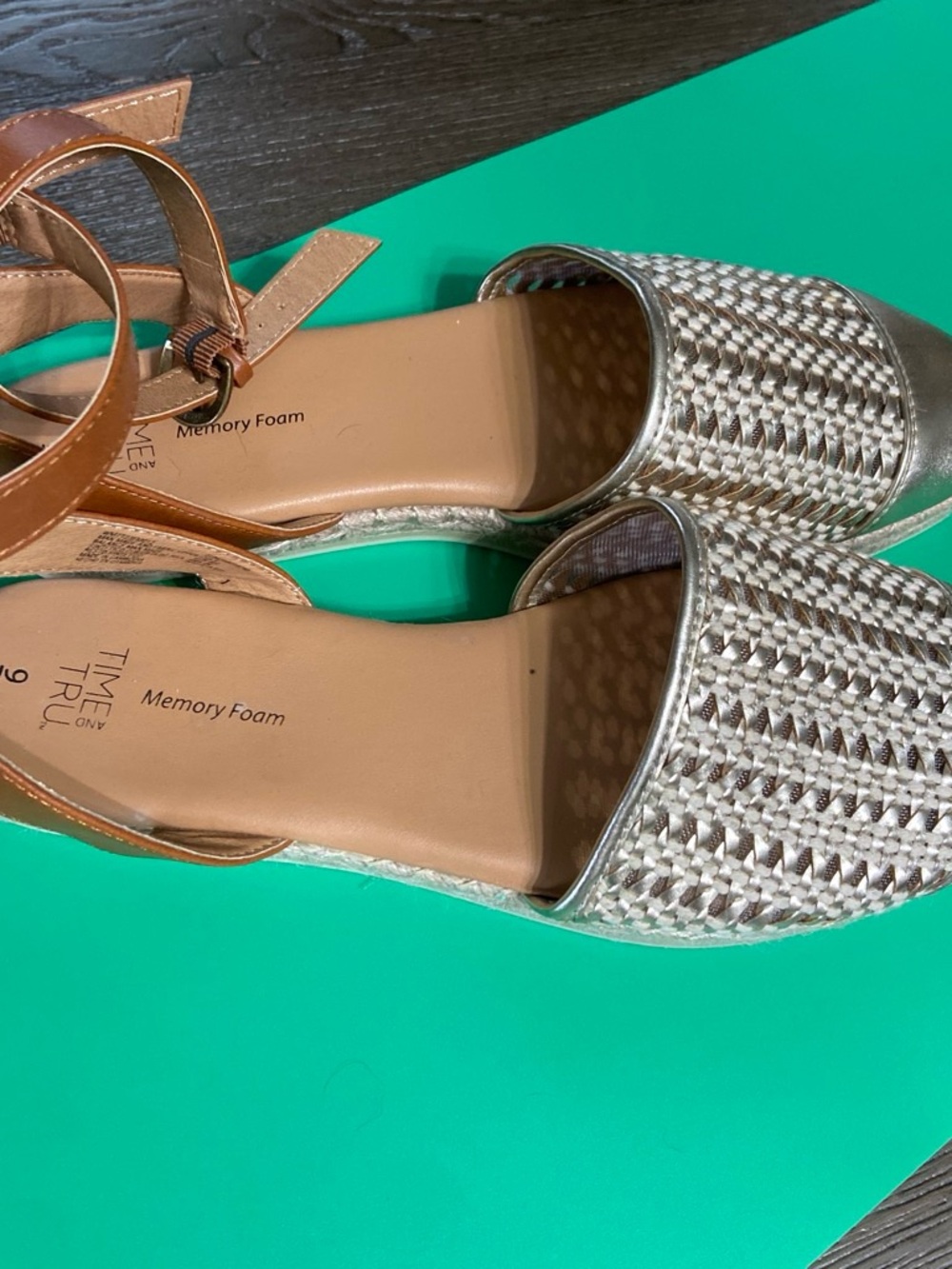 Time and Tru Silver Woven Espadrille Ankle-Strap Flats with Tan Straps